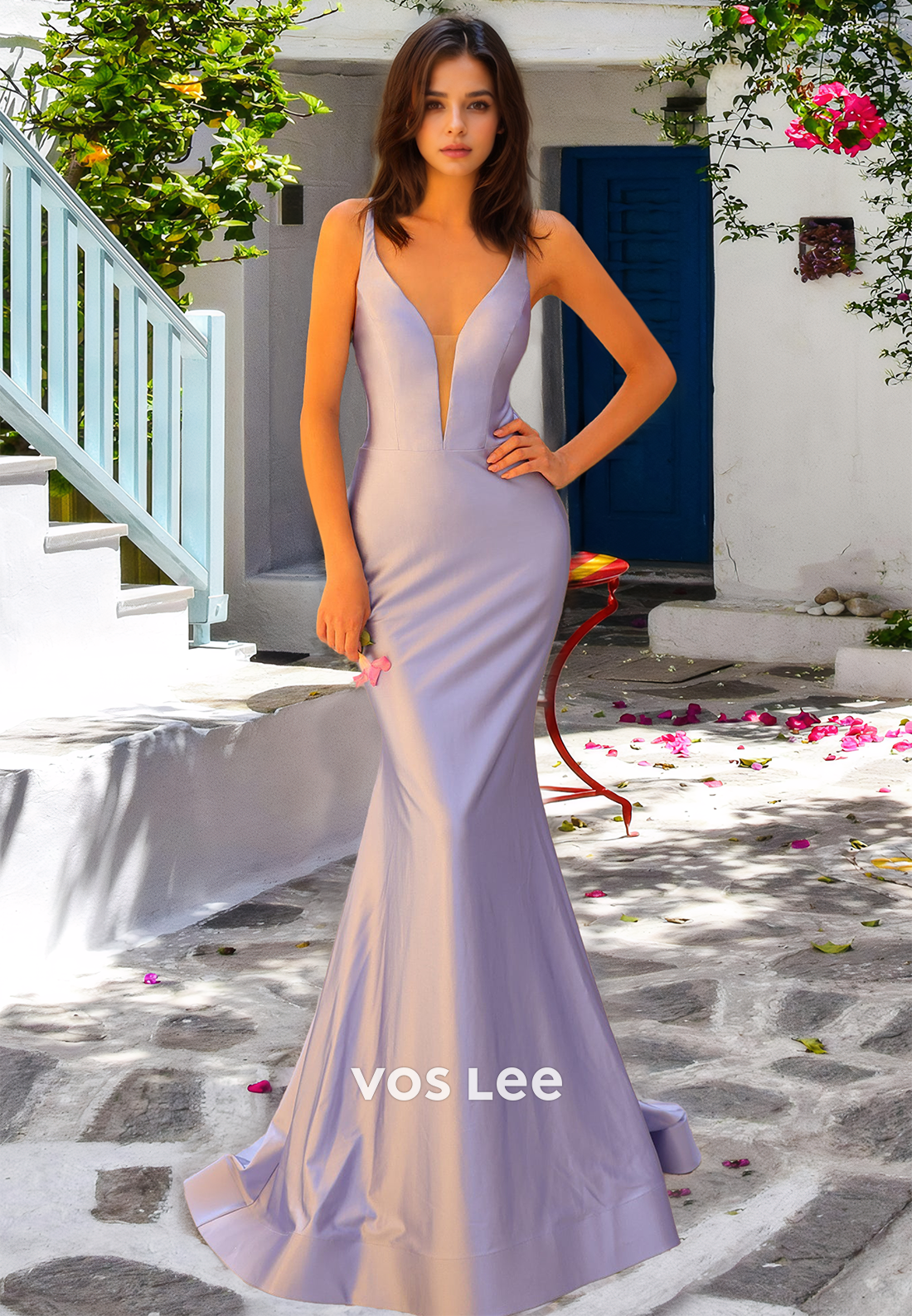 Sexy Column V Neck Lace Up Draped Sweep Train Satin Prom Evening Dress