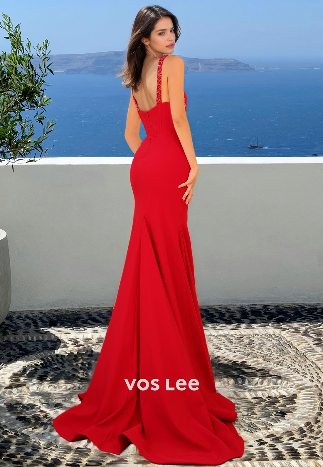 Elegant V Neck Sheath Spaghetti Straps Side Split Ruched Satin Prom Formal Dress