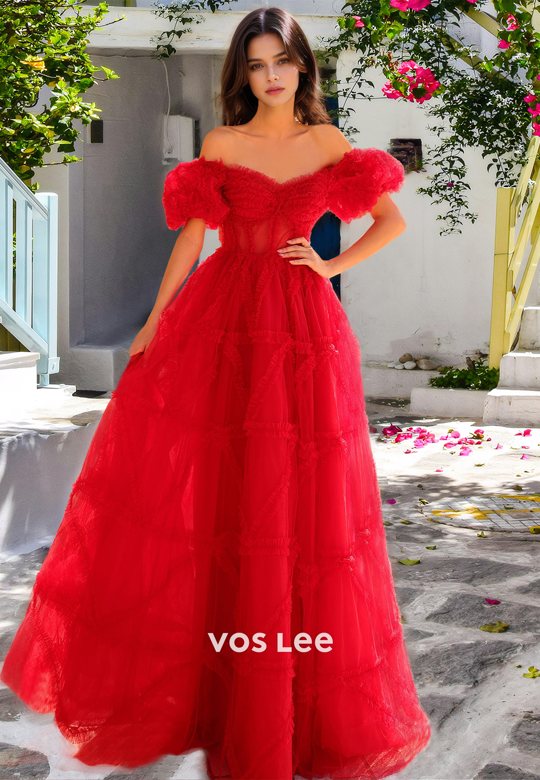 Gorgeous A-Line Off Shoulder Sweep Train Pleated Tulle Prom Evening Dr VOS LEE Gorgeous A-Line Off Shoulder Sweep Train Pleated Tulle Prom Evening Dr VOS LEE