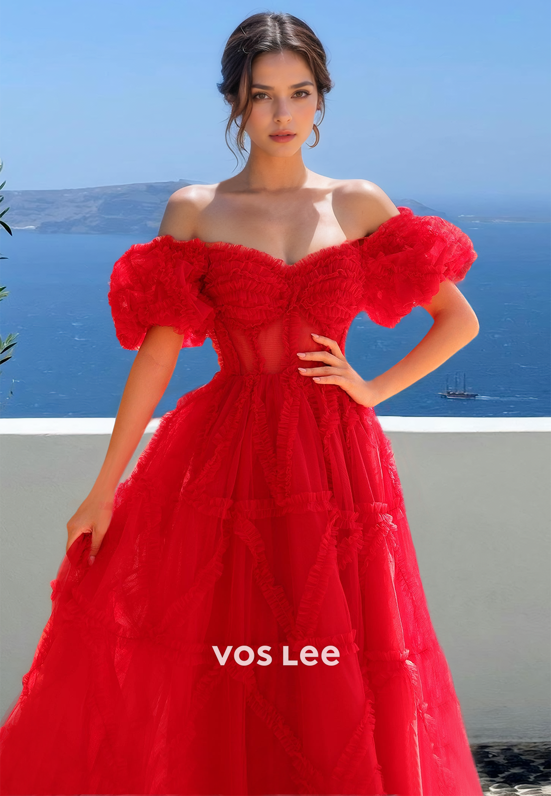 Gorgeous A-Line Off Shoulder Sweep Train Pleated Tulle Prom Evening Dress