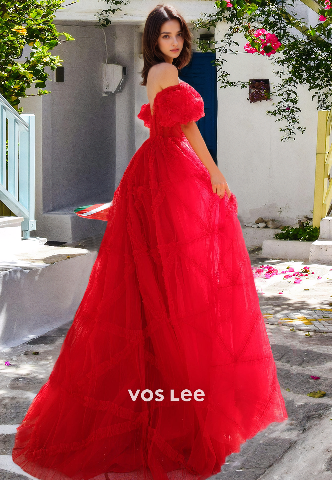 Gorgeous A-Line Off Shoulder Sweep Train Pleated Tulle Prom Evening Dress