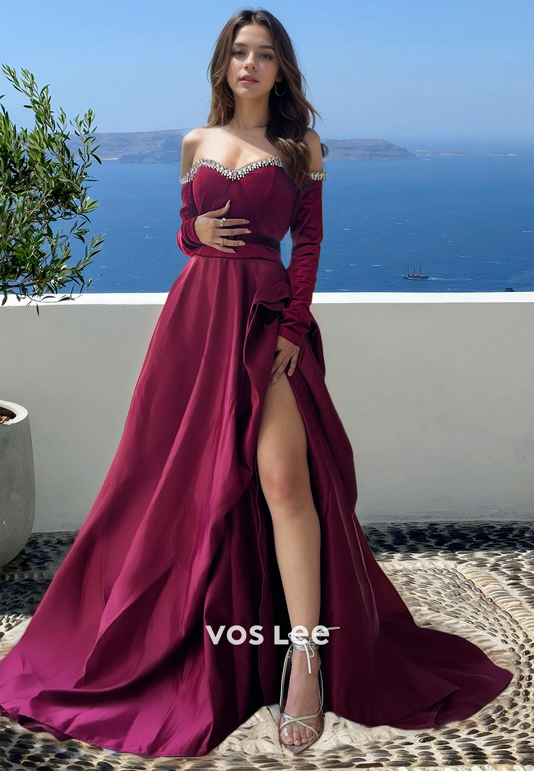 Charming A-Line Off Shoulder Long Sleeves Side Split Satin Sequins Prom Evening Dress