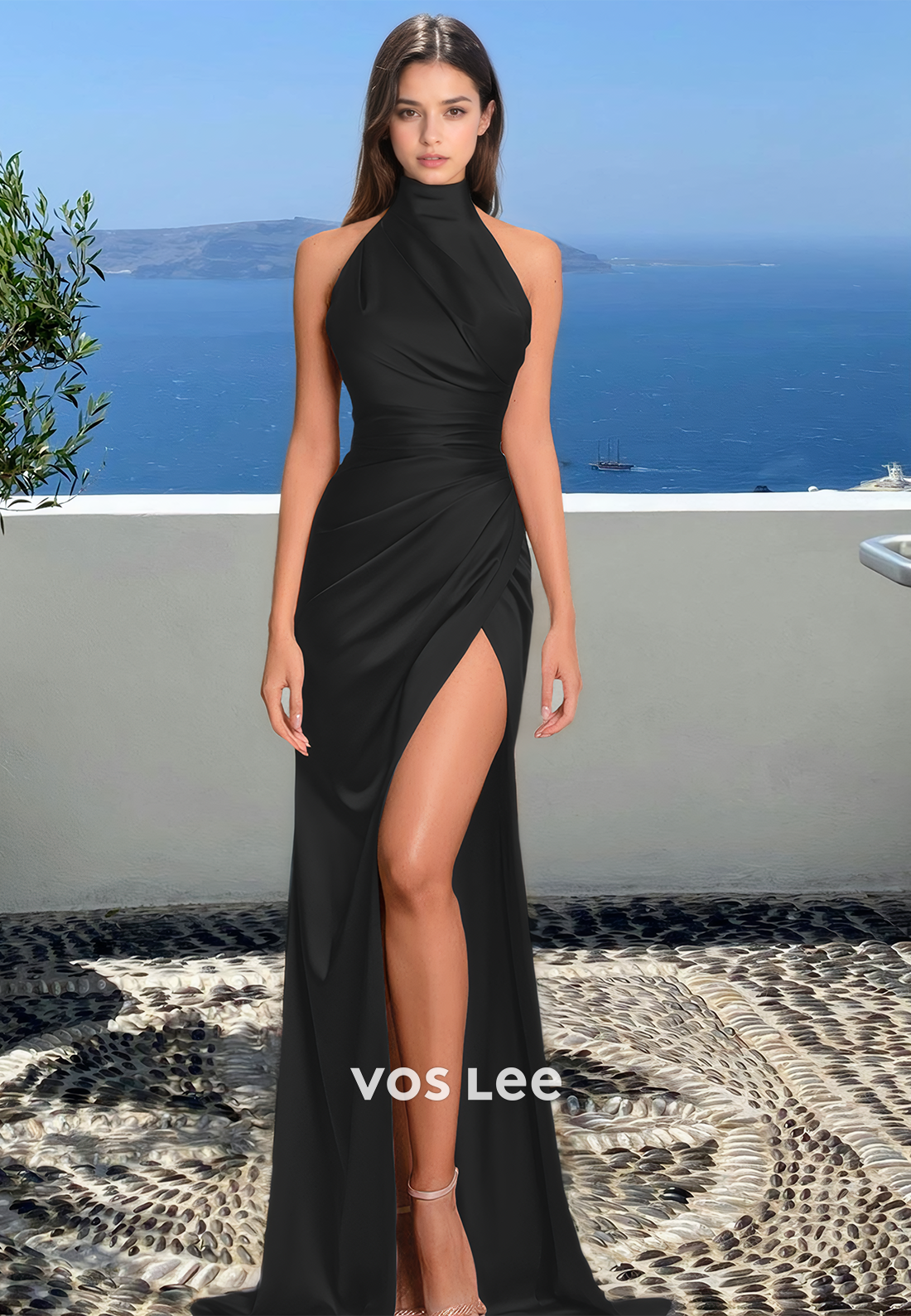 Simple Sheath Halter Sleeveless Ruched Sweep Train Satin Prom Holiday Dress Simple Sheath Halter Sleeveless Ruched Sweep Train Satin Prom Holiday Dress