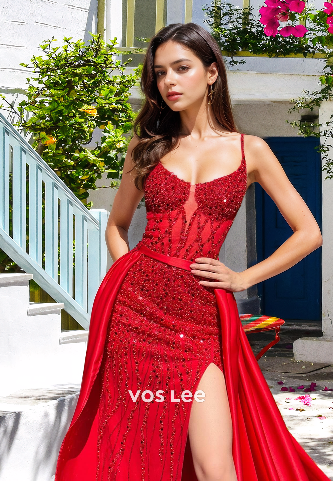Sparkly Column V Neck Spaghetti Straps Red Sequins Side Split Prom Pageant Dress