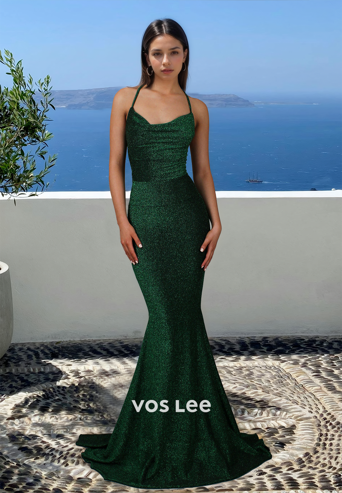 Graceful Column V Neck Lace Up Mermaid Sequins Satin Prom Graduation Dress