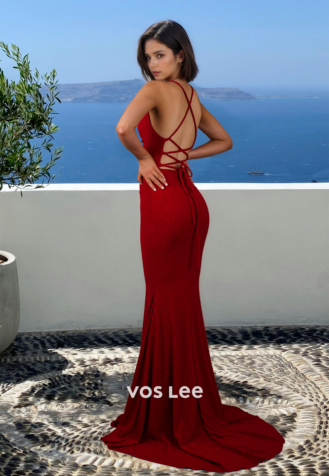 Graceful Column V Neck Lace Up Mermaid Sequins Satin Prom Graduation Dress