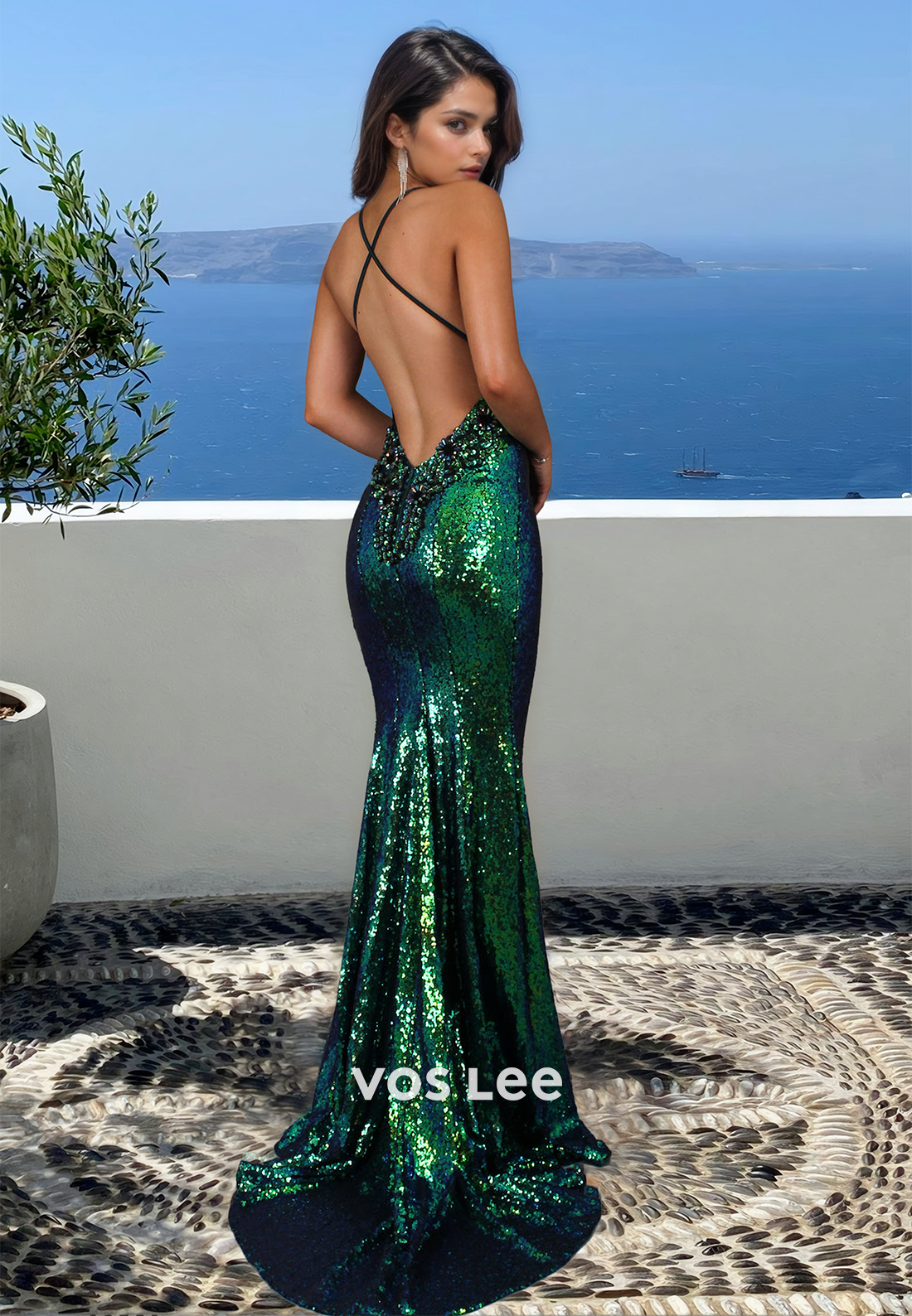 Gorgeous Halter Lace Up Sheath Mermaid Sequins Draped Prom Evening Dress