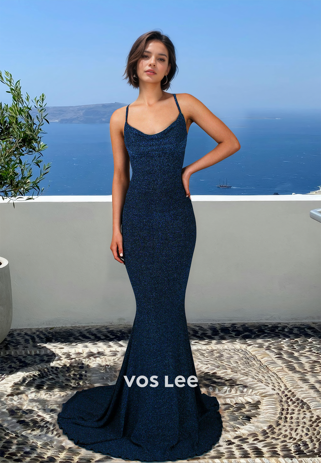 Graceful Column V Neck Lace Up Mermaid Sequins Satin Prom Graduation Dress