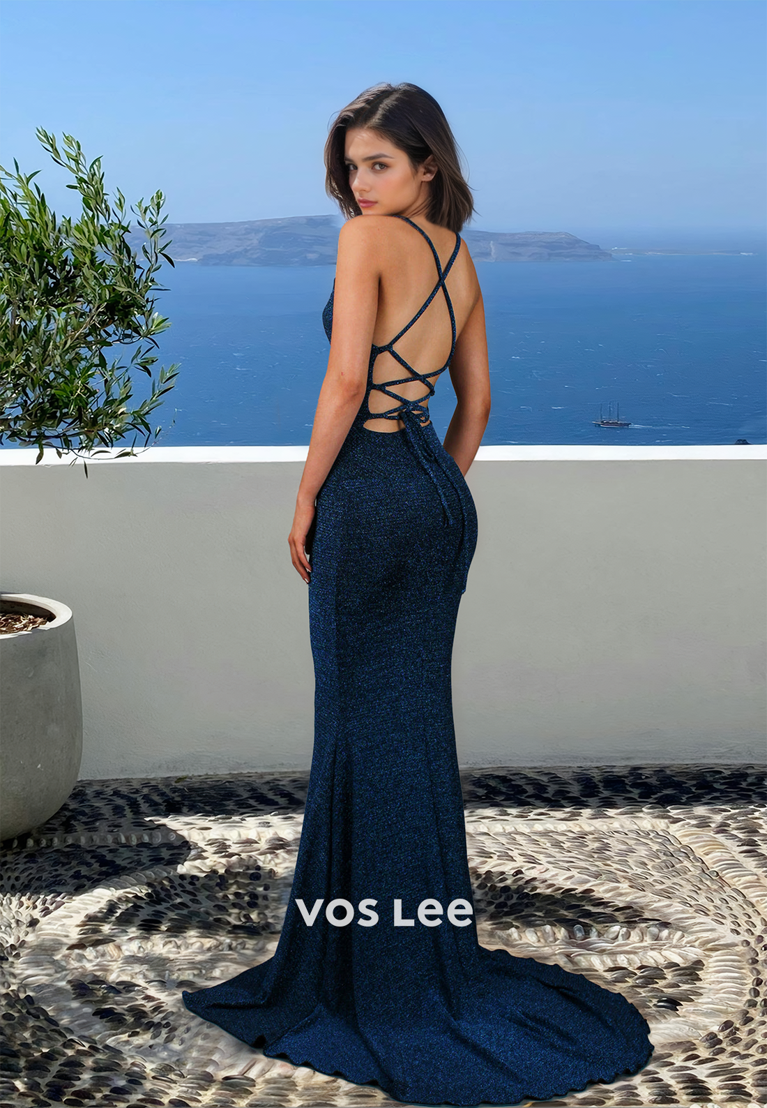 Graceful Column V Neck Lace Up Mermaid Sequins Satin Prom Graduation Dress