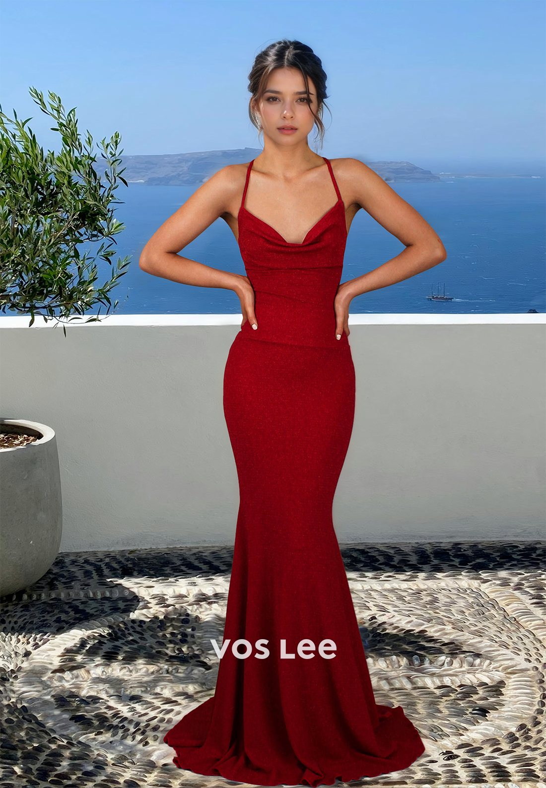 Graceful Column V Neck Lace Up Mermaid Sequins Satin Prom Graduation Dress