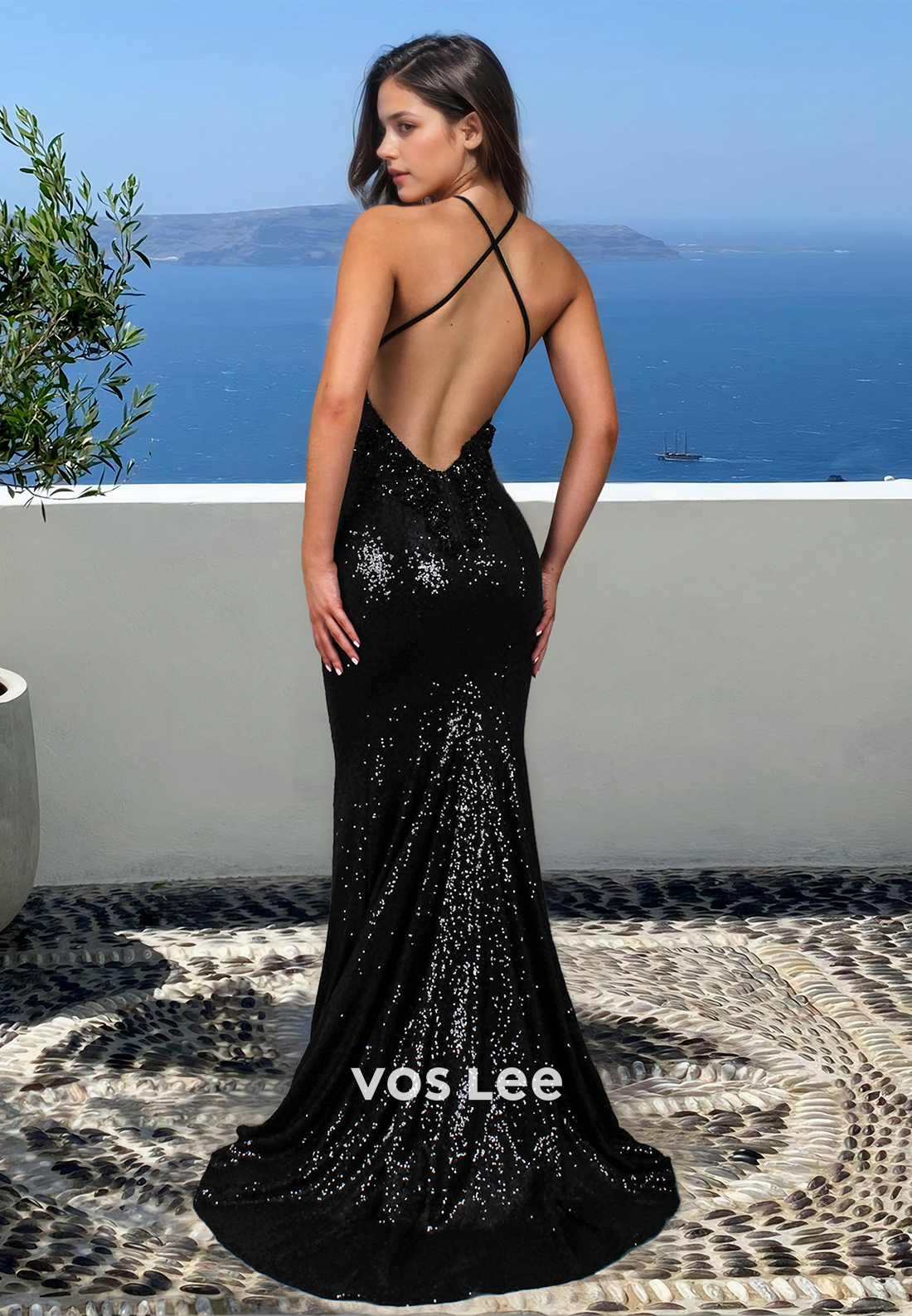 Gorgeous Halter Lace Up Sheath Mermaid Sequins Draped Prom Evening Dress