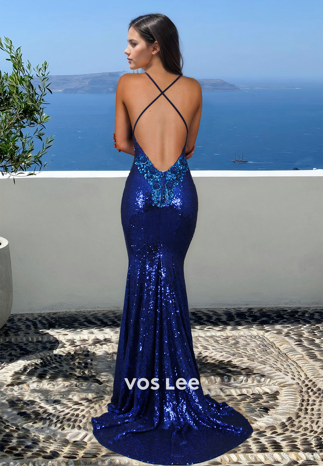 Gorgeous Halter Lace Up Sheath Mermaid Sequins Draped Prom Evening Dress