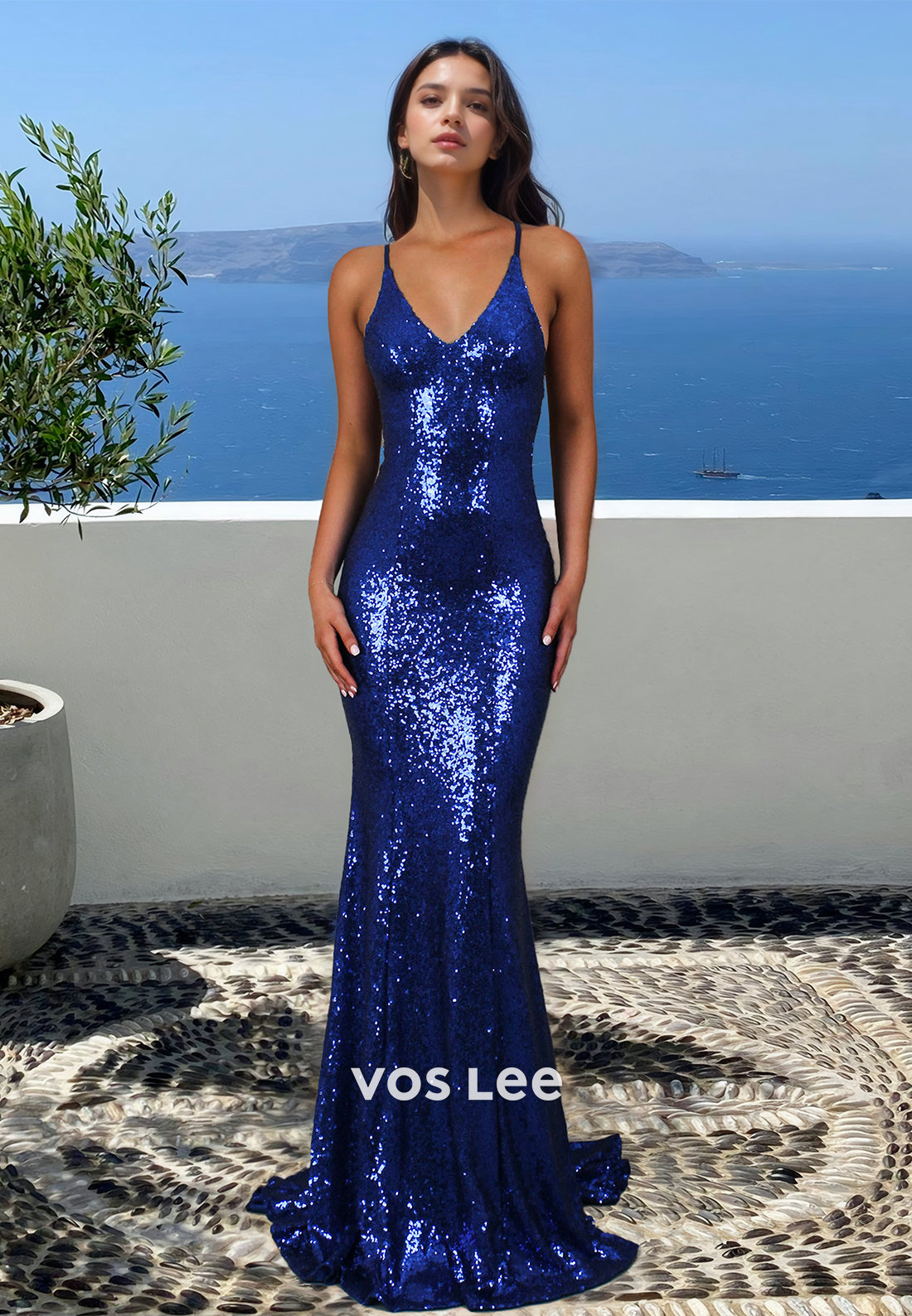Gorgeous Halter Lace Up Sheath Mermaid Sequins Draped Prom Evening Dress