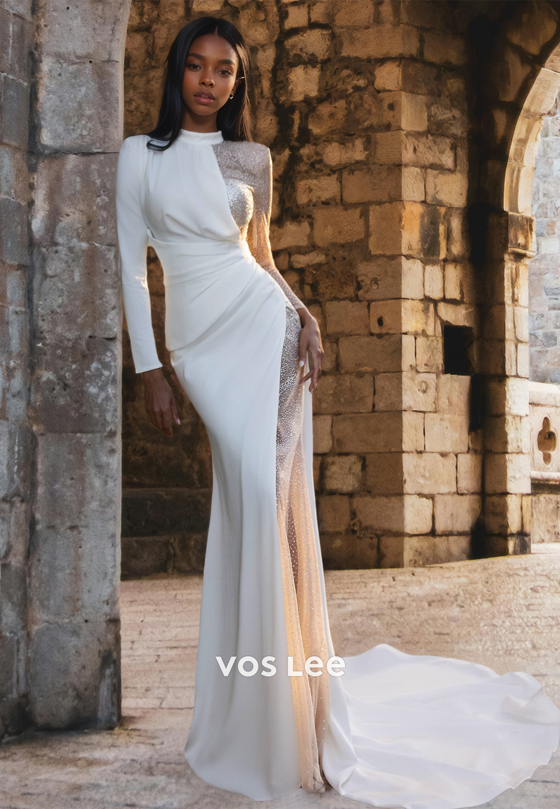 Unique Sheath High Neck Long Sleeves Court Train Sequins Wedding Dress