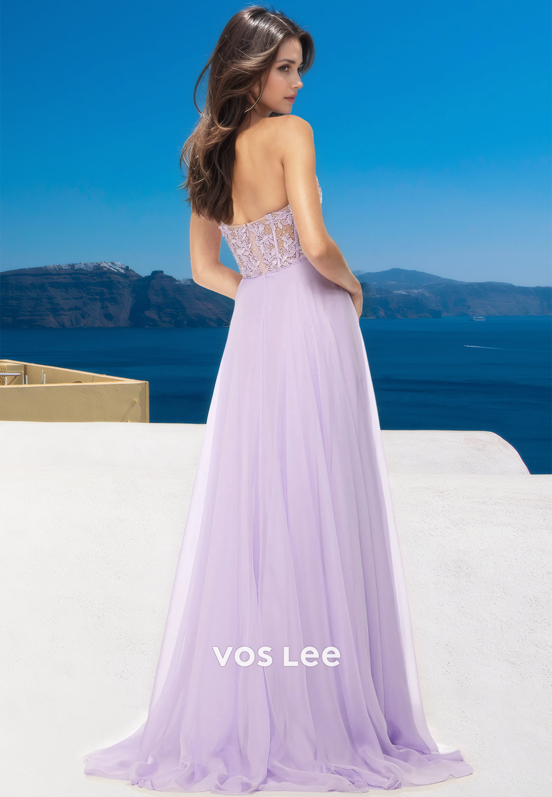 Lilac Plunging V Neck Lace Appliques Back Zipper Side Split Tulle Prom Birthday Dress