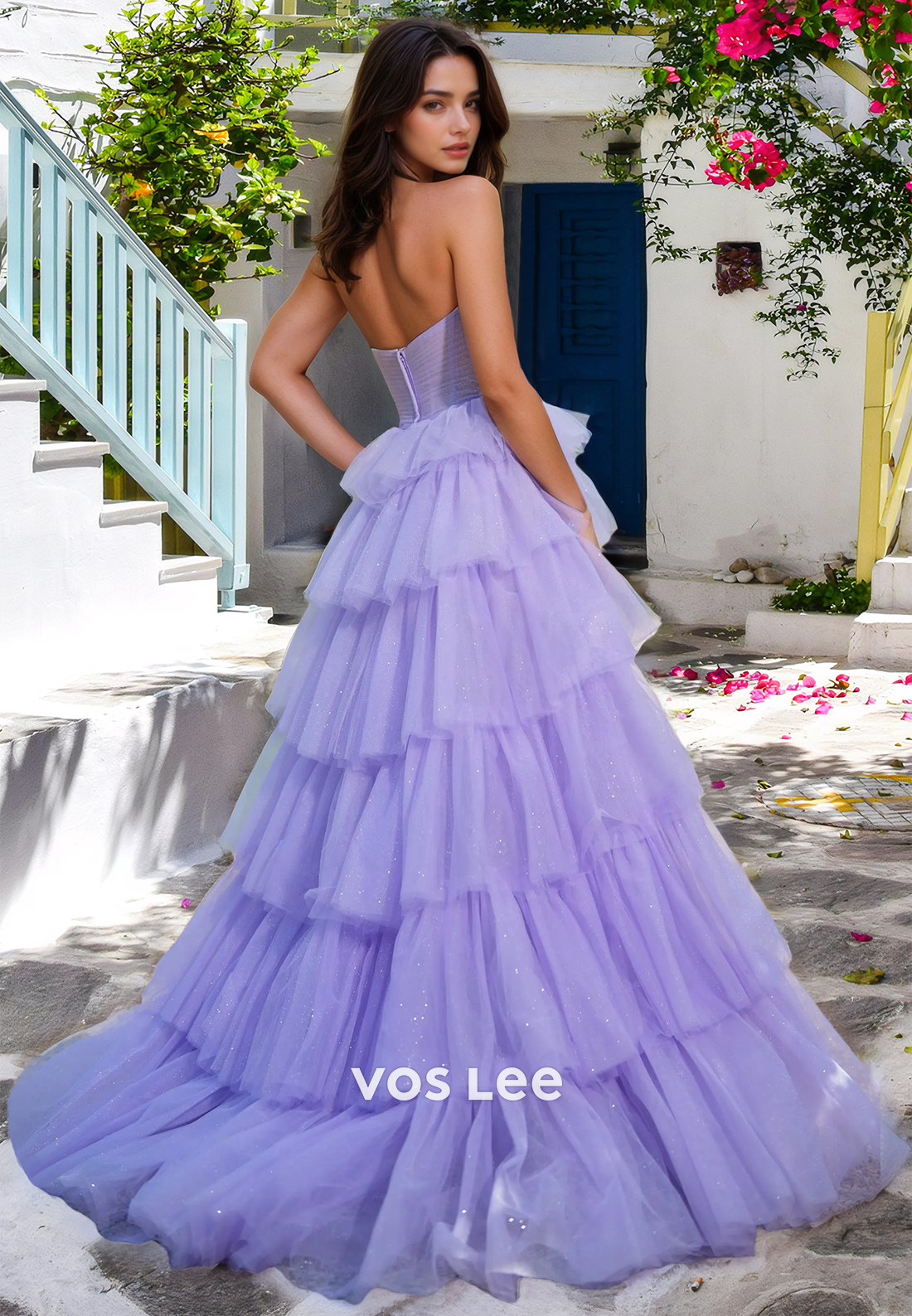 Gorgeous A-Line Sweetheart Sweep Train Tiered Sequins Tulle Prom Pageant Dress