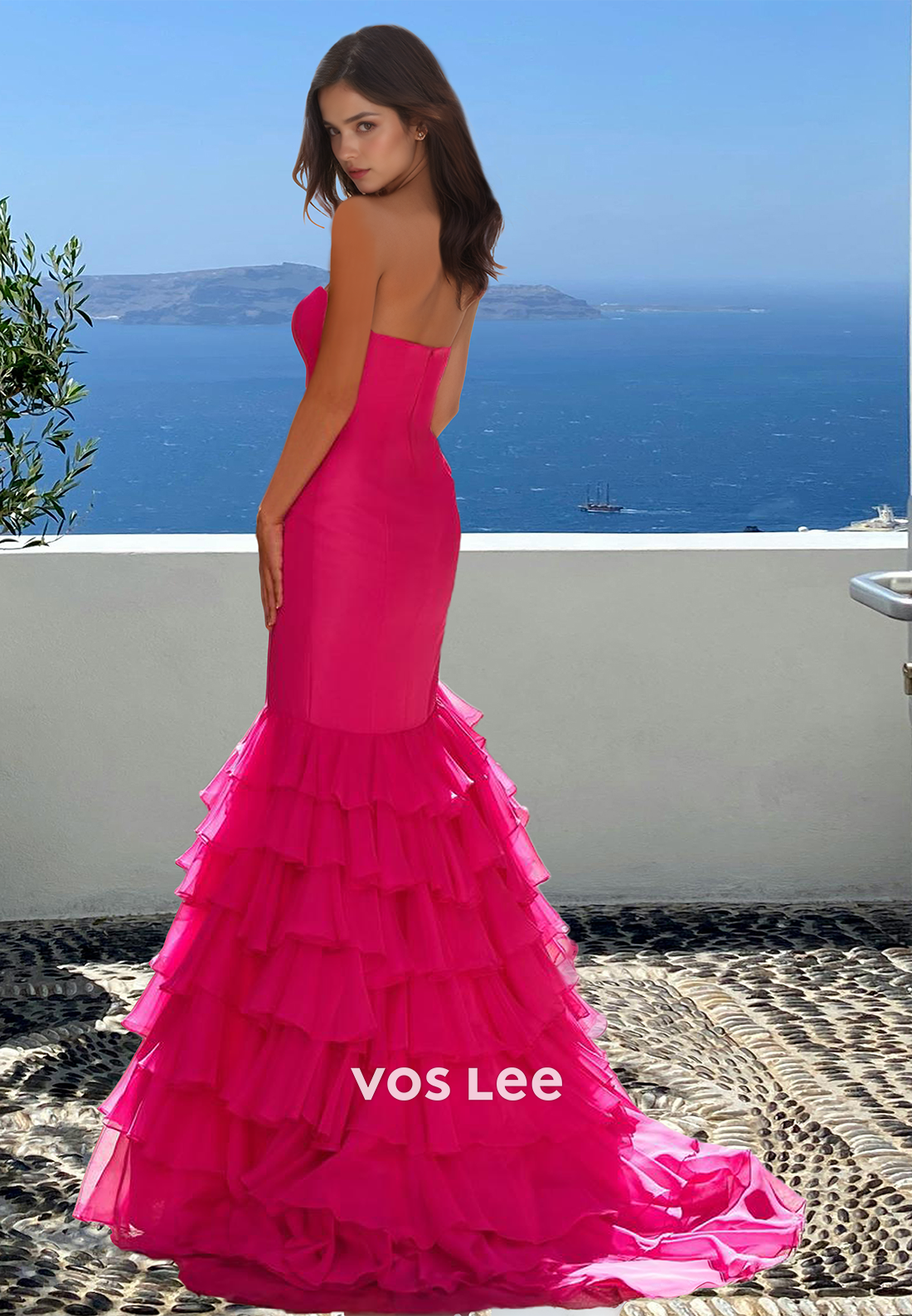 Graceful Column Strapless Sweep Train High Split Tulle Prom Evening Dress
