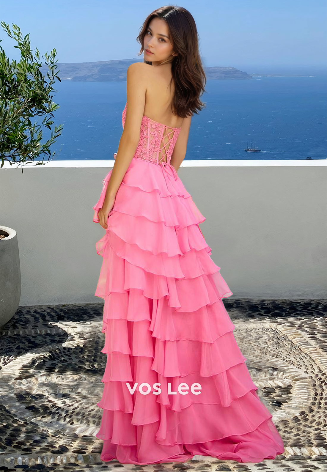Graceful A-Line Sweetheart Lace Up Appliques Tiered Satin Prom Pageant Dress