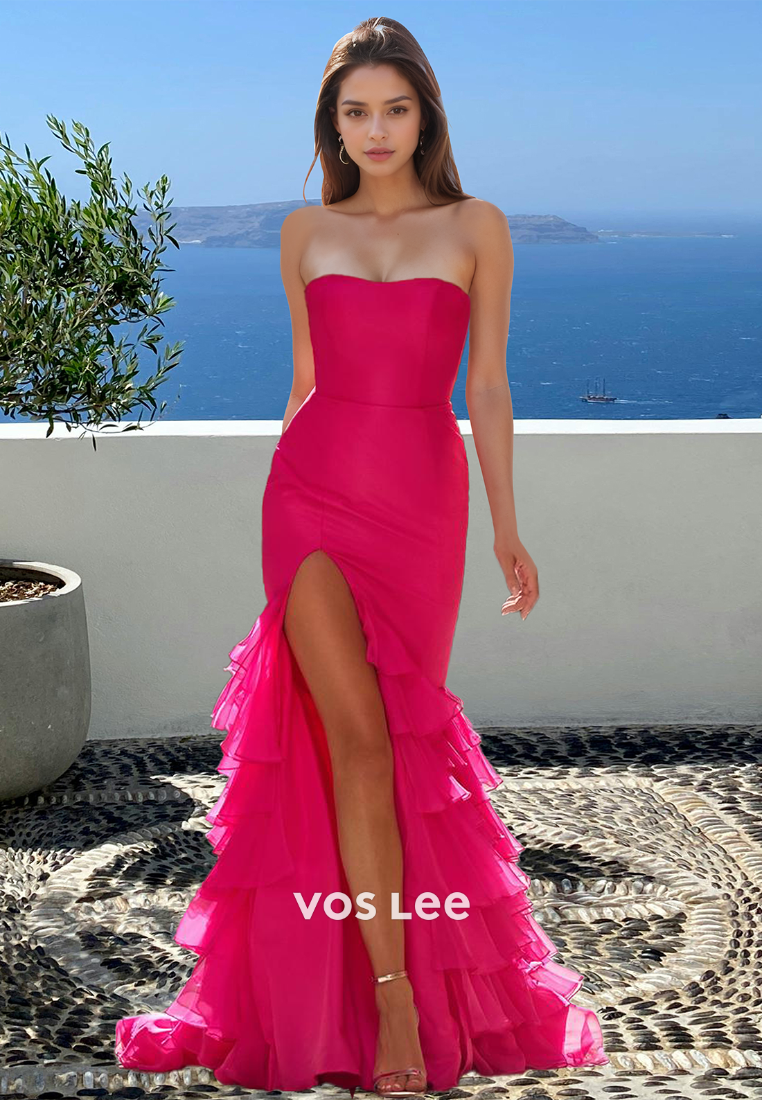 Graceful Column Strapless Sweep Train High Split Tulle Prom Evening Dress