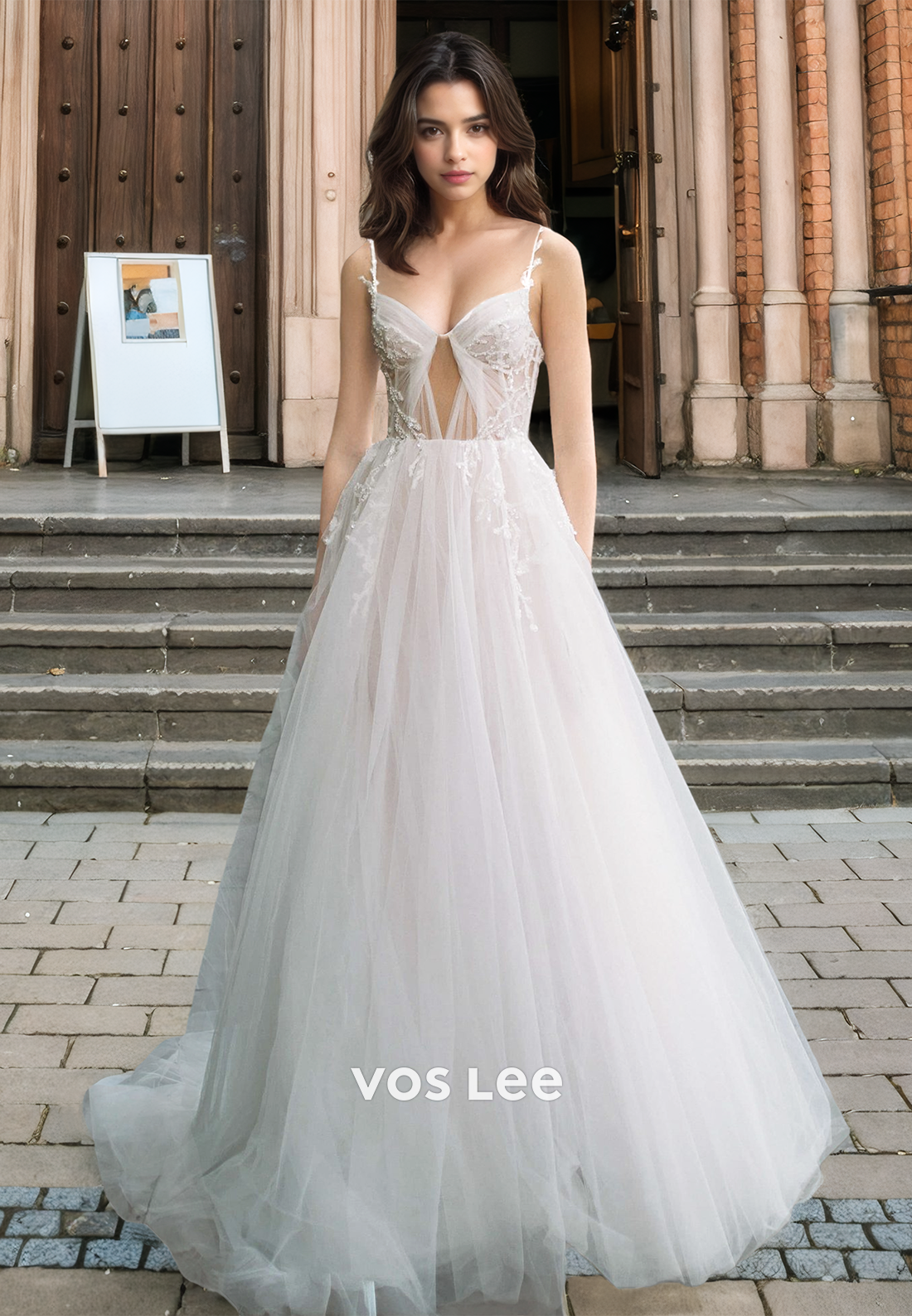 Graceful A-Line V Neck Spaghetti Straps Lace Up Appliques Tulle Wedding Bride Dress Graceful A-Line V Neck Spaghetti Straps Lace Up Appliques Tulle Wedding Bride Dress