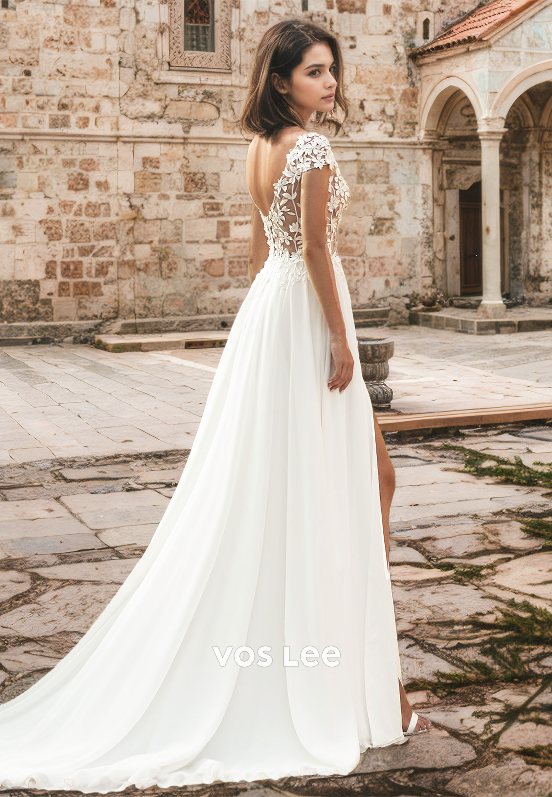 Ornate Deep V Neck Short Sleeveless High Split Lace Appliques Satin Wedding Dress