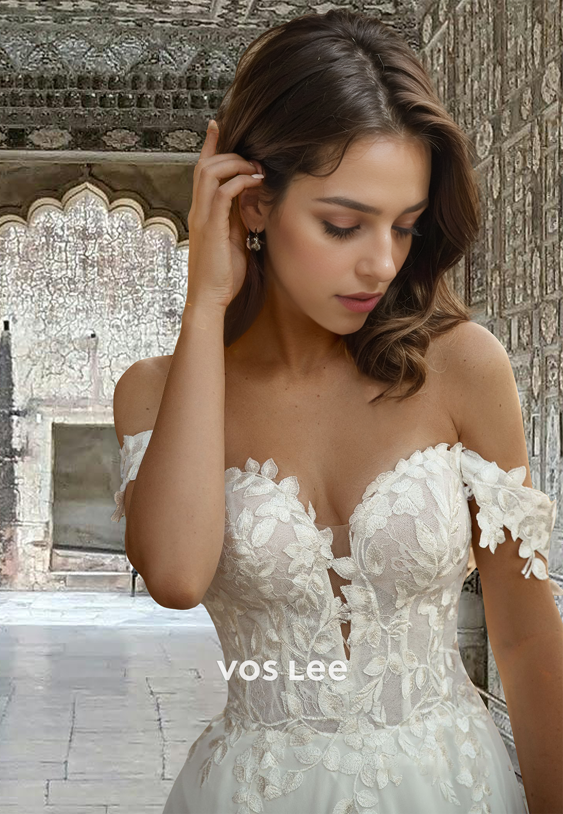 A-Line Off Shoulder Back Zipper Sweep Train Pleated Lace Appliques Wedding Gown