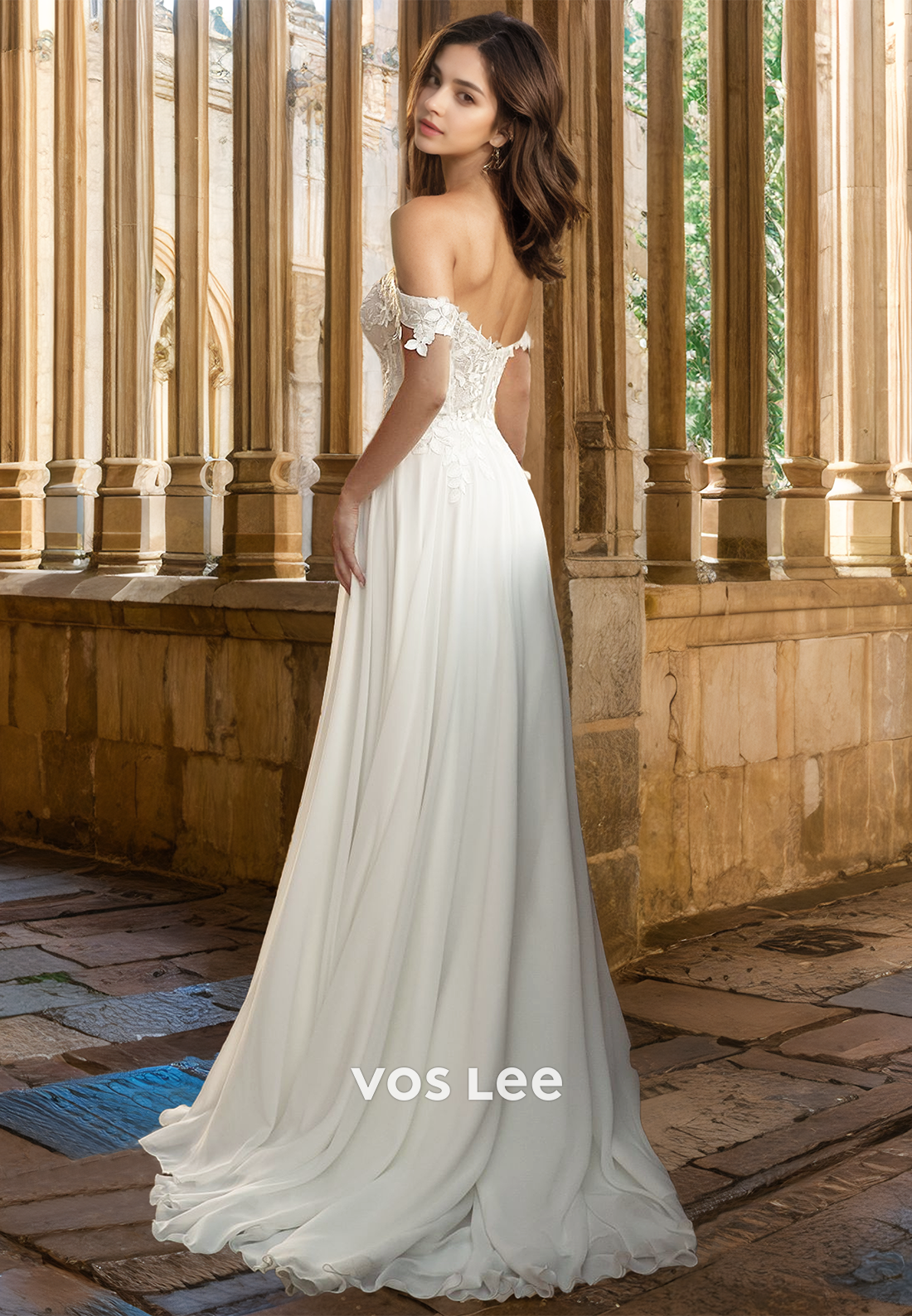 A-Line Off Shoulder Back Zipper Sweep Train Pleated Lace Appliques Wedding Gown
