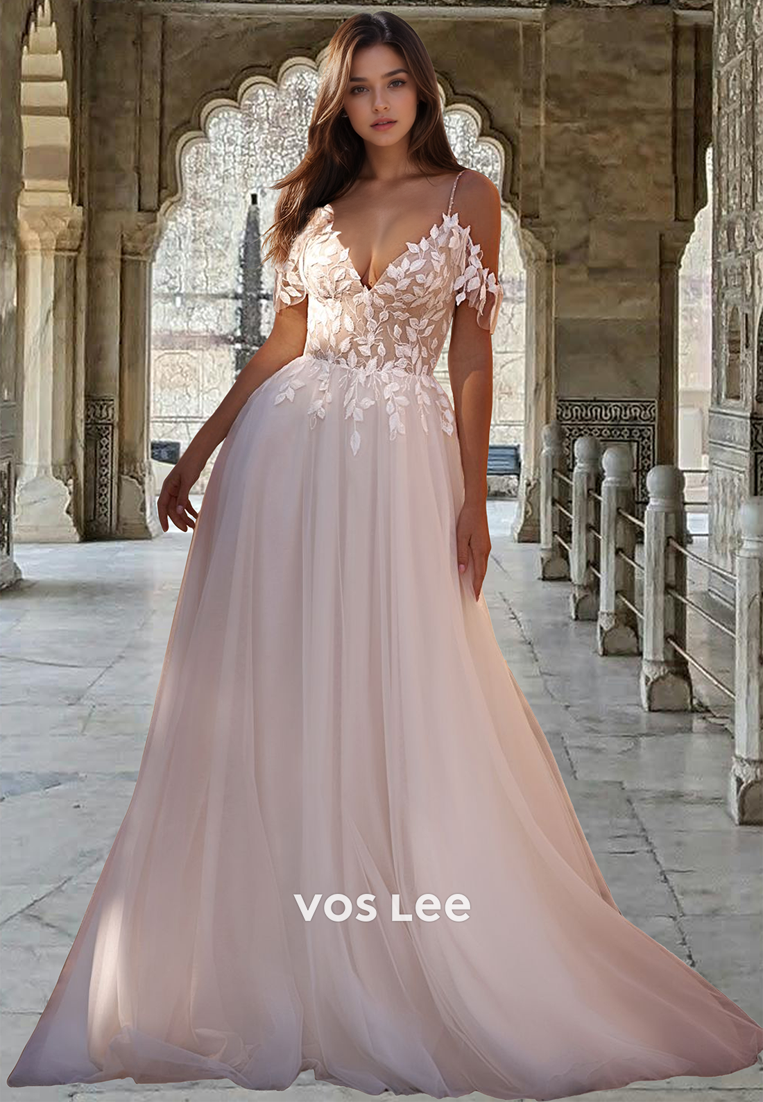 Luxury A-Line Off Shoulder Spaghetti Straps Pleated Tulle Wedding Brid VOS LEE Luxury A-Line Off Shoulder Spaghetti Straps Pleated Tulle Wedding Brid VOS LEE