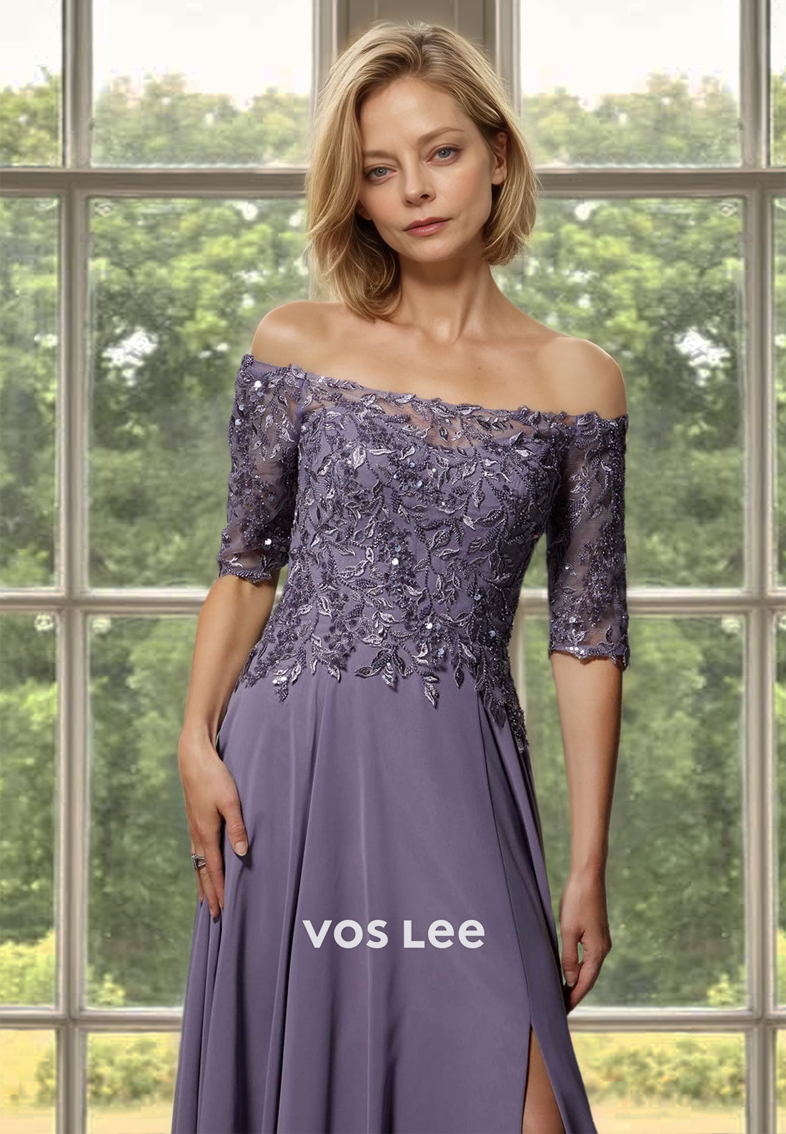 Charming A-Line Off Shoulder Half Sleeves Lace Appliques Mother of the Bride Dress