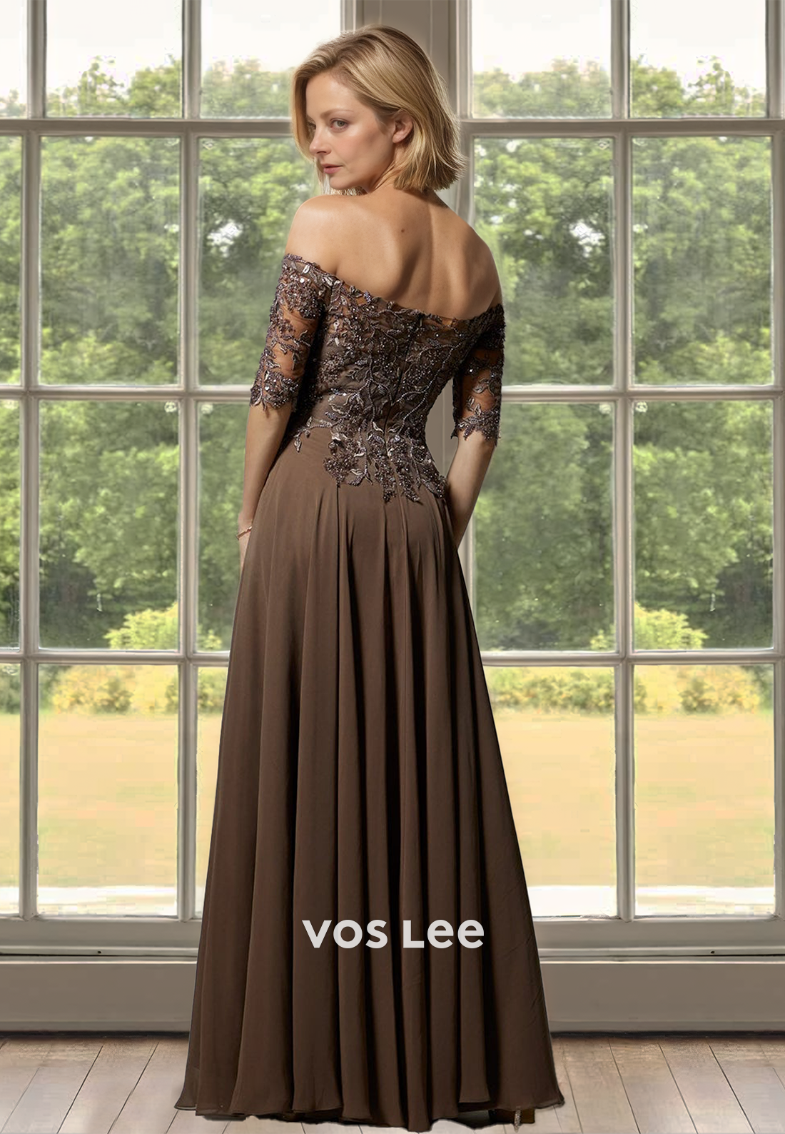 Charming A-Line Off Shoulder Half Sleeves Lace Appliques Mother of the Bride Dress