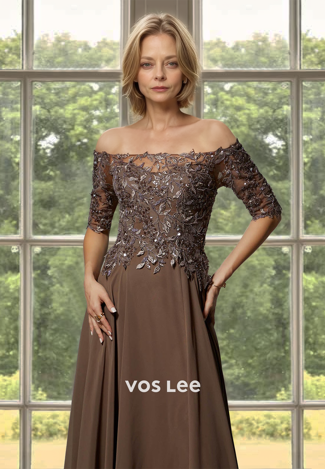 Charming A-Line Off Shoulder Half Sleeves Lace Appliques Mother of the Bride Dress
