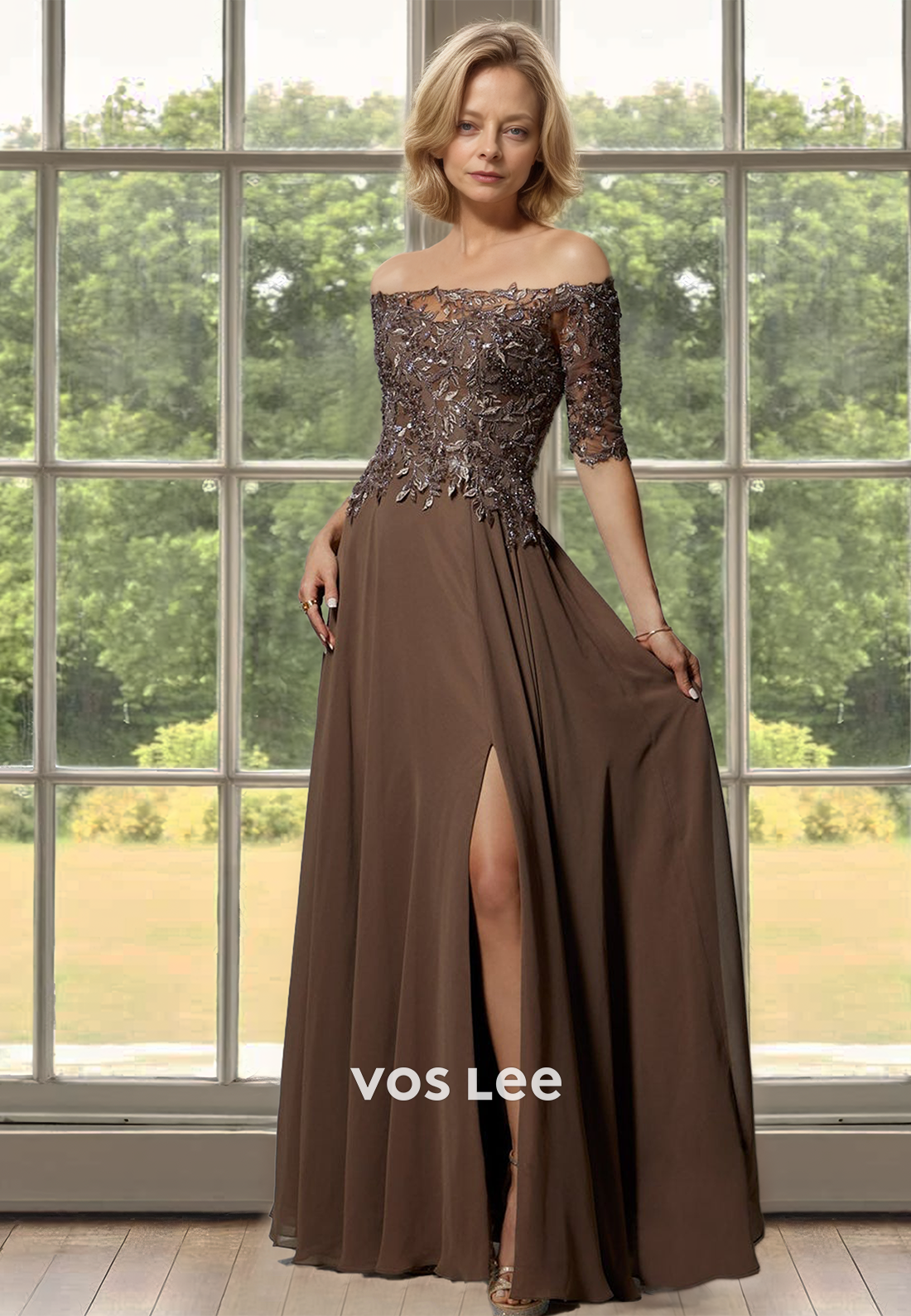 Charming A-Line Off Shoulder Half Sleeves Lace Appliques Mother of the Bride Dress