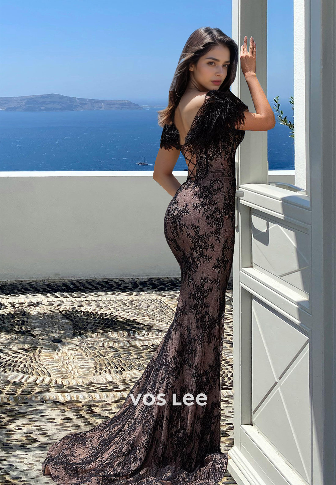 Ornate Column Off Shoulder Lace Up Appliques Feather Prom Evening Dress