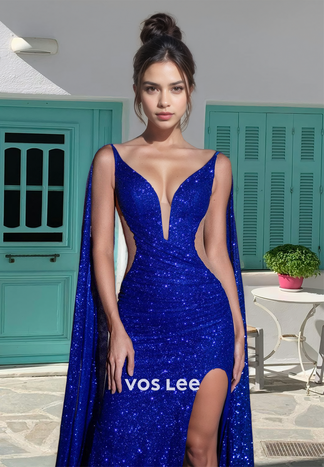 Sparkly Sheath Plunging V Neck Illusion Royal Blue Sequins Prom Party Dress