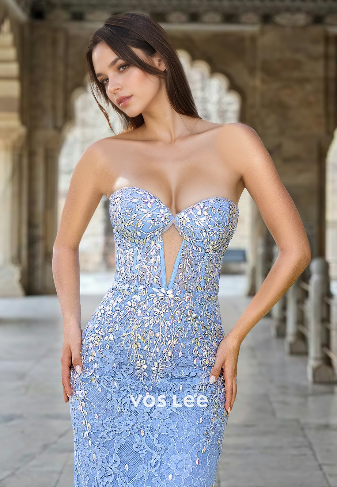 Luxury Column Sweetheart Sleeveless Lace Appliques Ruched Prom Pageant Dress
