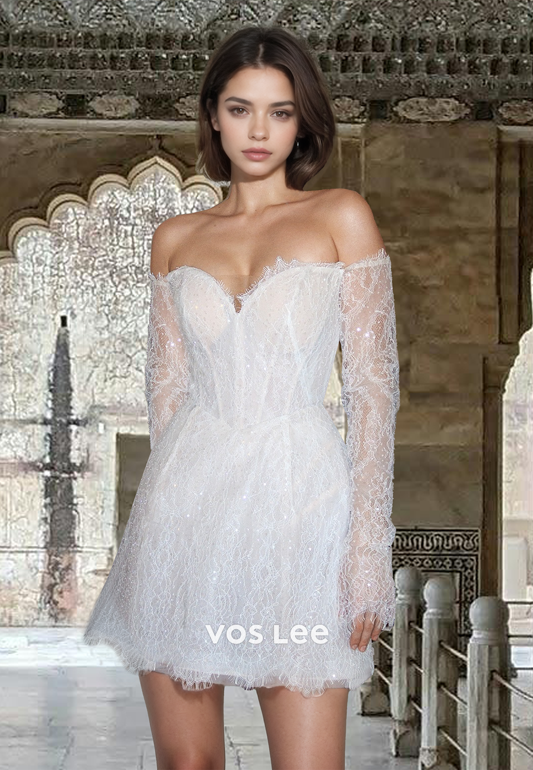 Ornate Column Sweetheart Long Sleeves Short/Mini Lace Wedding Guest Dress