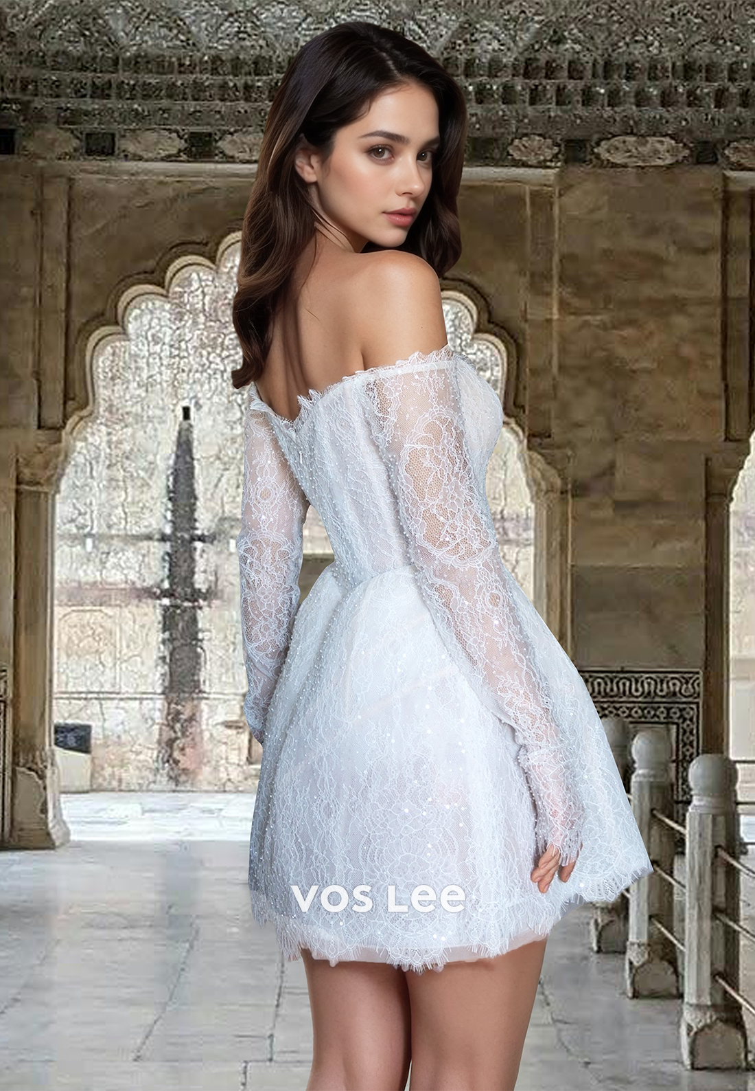 Ornate Column Sweetheart Long Sleeves Short/Mini Lace Wedding Guest Dress