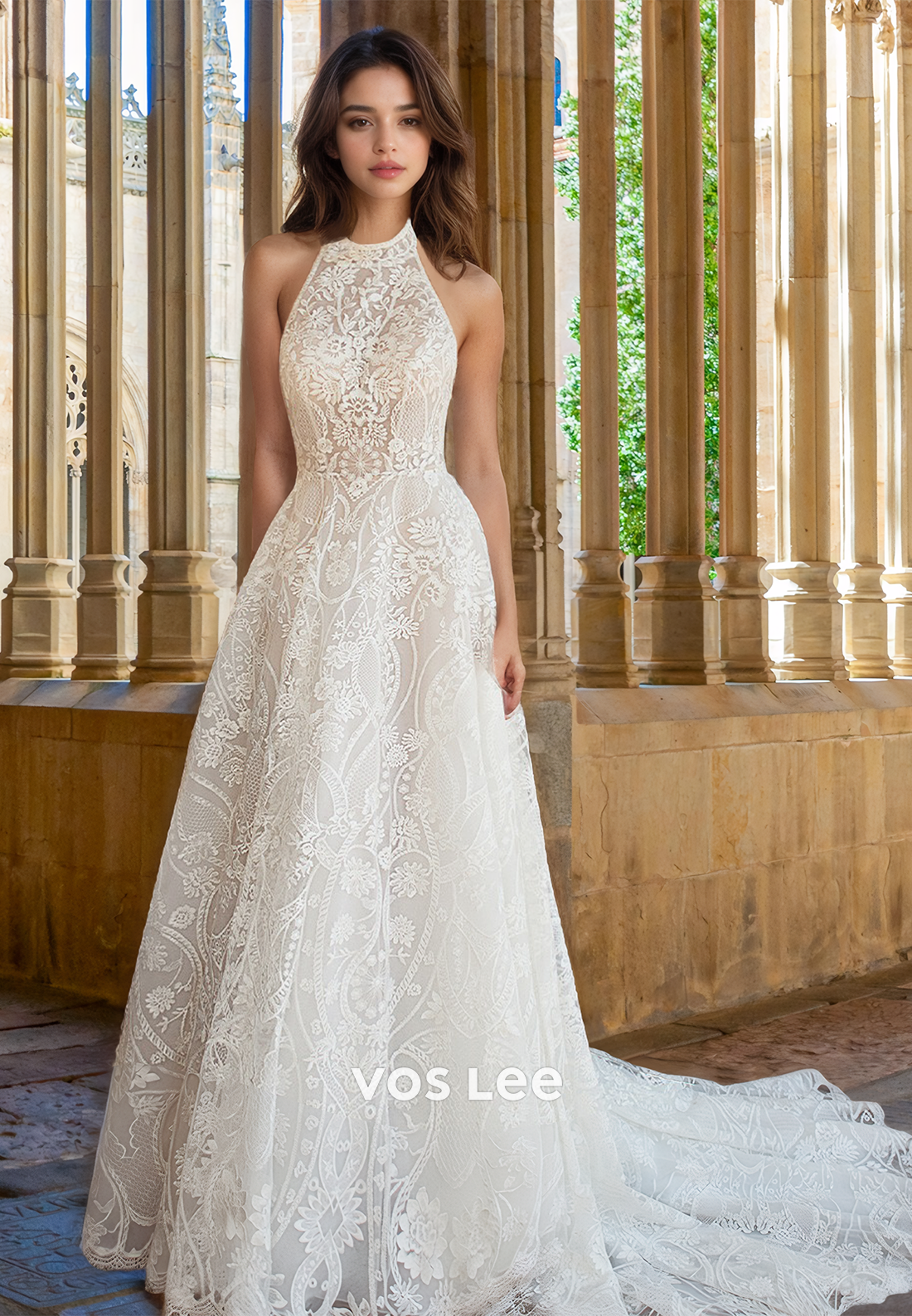 Luxury A-Line Halter Sleeveless Backless Court Train Lace Appliques We VOS LEE Luxury A-Line Halter Sleeveless Backless Court Train Lace Appliques We VOS LEE