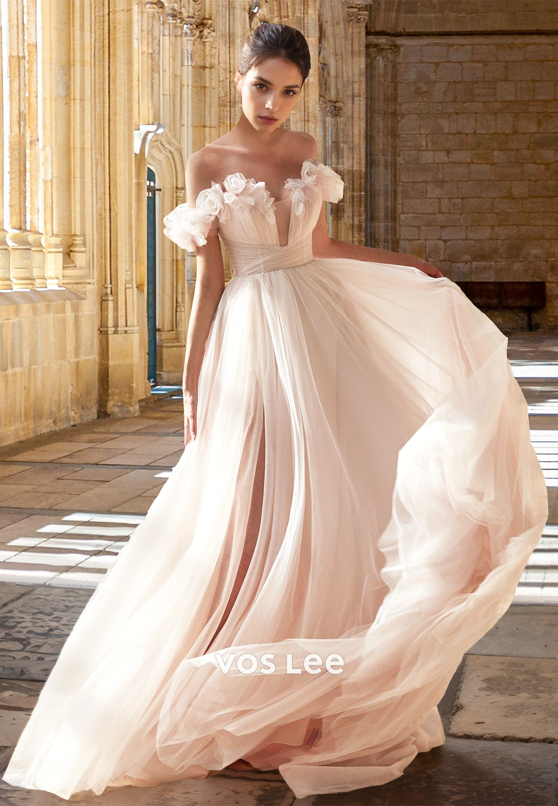 Modest A-Line Off Shoulder Back Zipper Court Train Pleated Tulle Weddi – VOS LEE