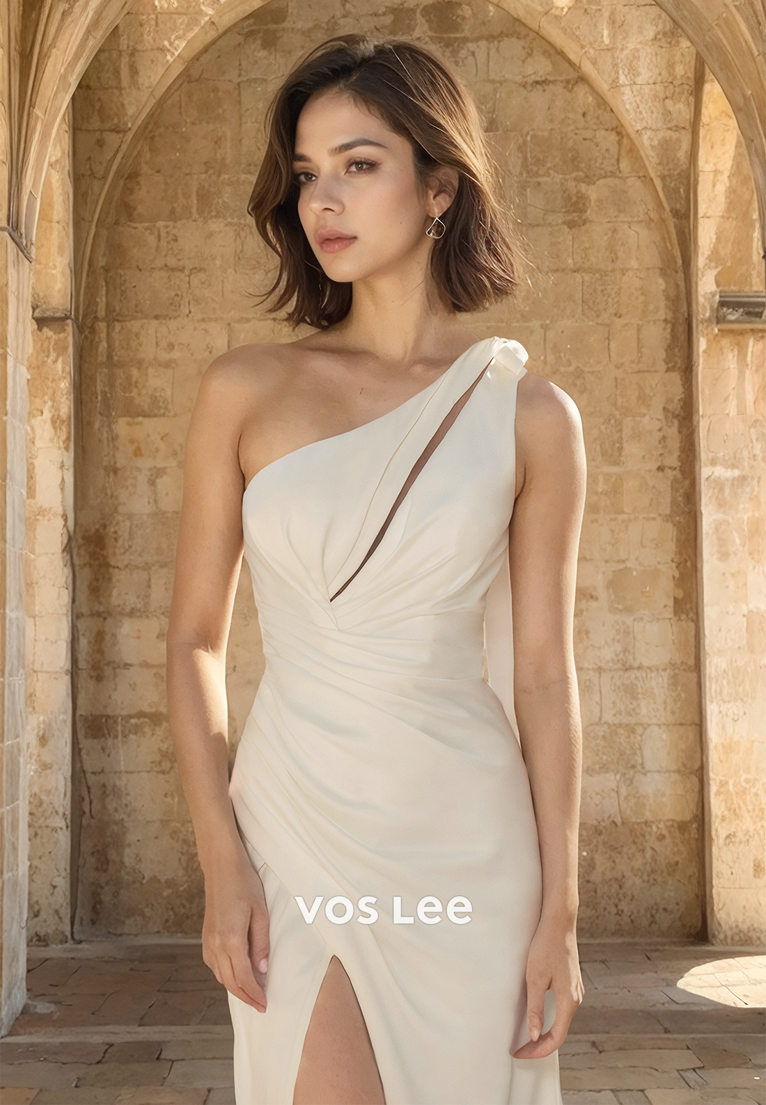 Unqiue Sheath One Shoulder Lace Up Side Split Coyrt Train Wedding Dress