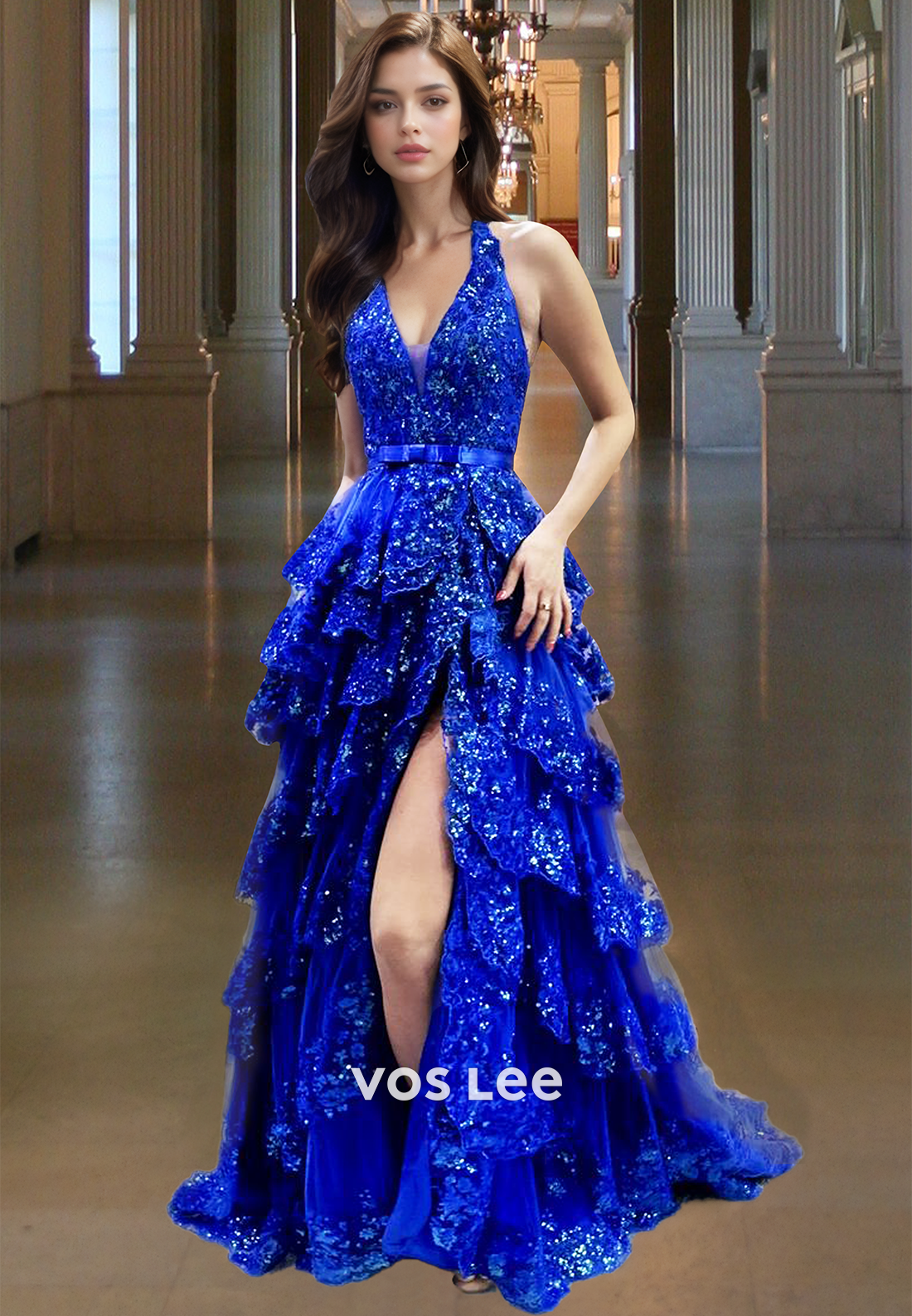 Luxury A-Line Halter Backless Tiered Tulle Sequins Prom Party Dress wi VOS LEE Luxury A-Line Halter Backless Tiered Tulle Sequins Prom Party Dress wi VOS LEE