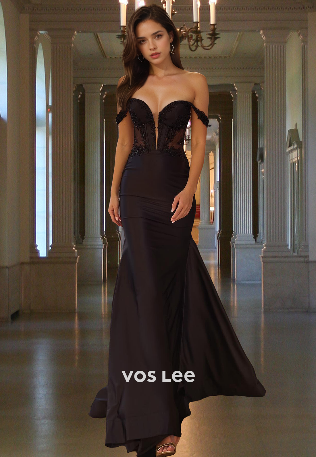 Black Mermaid Off Shoulder Back Zipper Lace Appliques Draped Prom Even VOS LEE Black Mermaid Off Shoulder Back Zipper Lace Appliques Draped Prom Even VOS LEE