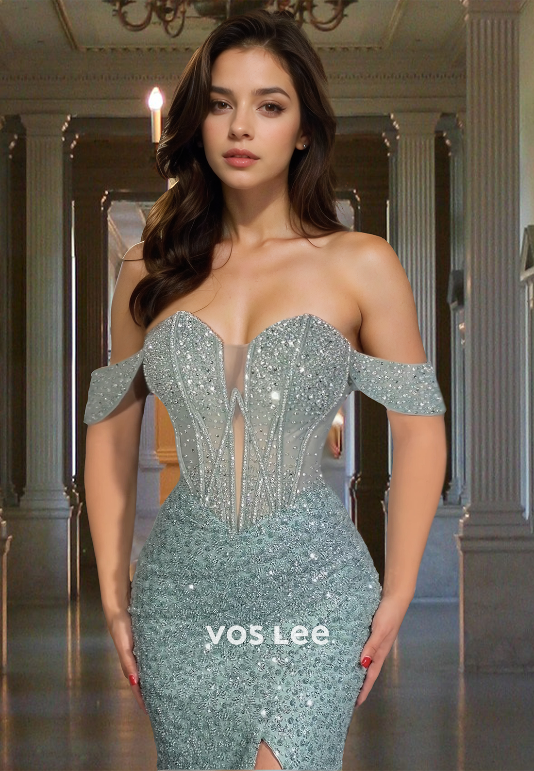 Luxury Column Off Shoulder Back Zipper Side Split Sequins Beaded Prom Party Dress