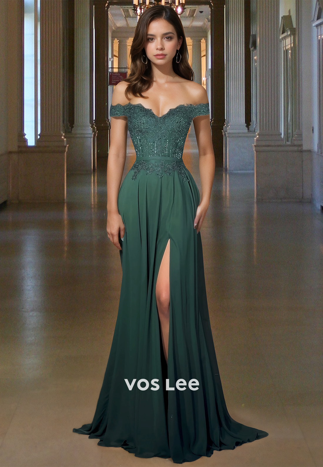 Graceful A-Line Off Shoulder Back Zipper Sweep Train Lace Appliques Pr VOS LEE Graceful A-Line Off Shoulder Back Zipper Sweep Train Lace Appliques Pr VOS LEE