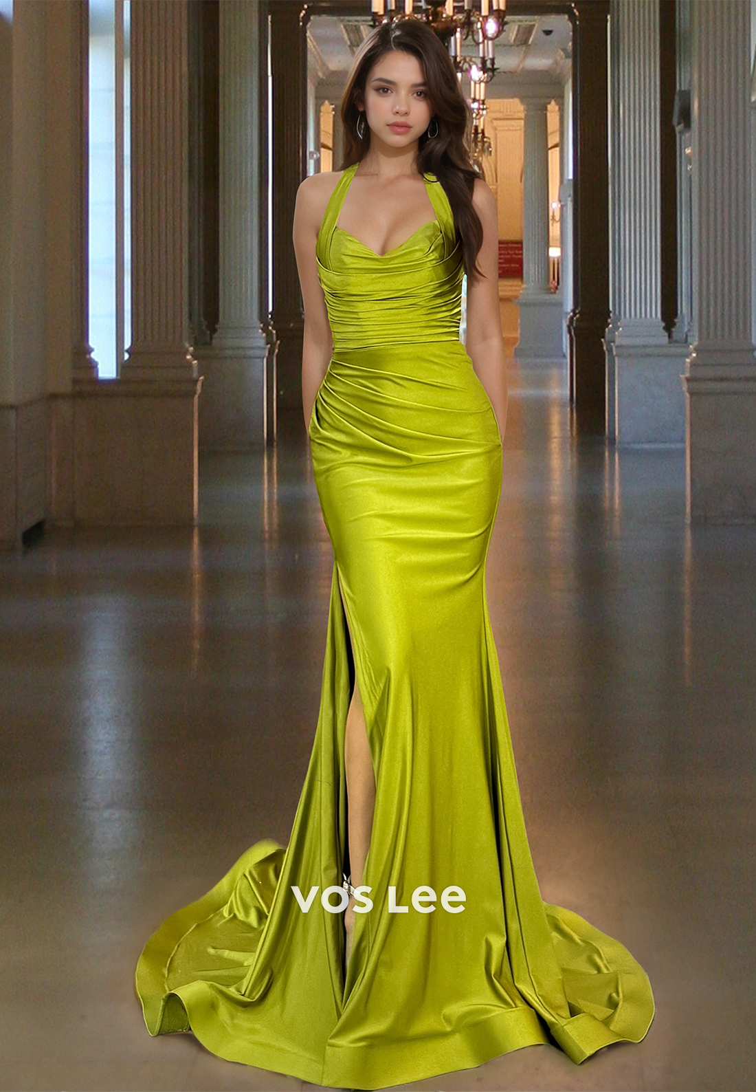 Modest Sheath Halter Sleeveless Ruched Sweep Train Prom Party Dress wi VOS LEE Modest Sheath Halter Sleeveless Ruched Sweep Train Prom Party Dress wi VOS LEE