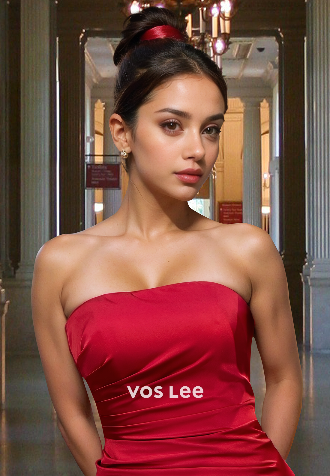 Vintage Sheath Strapless Draped Lace Up Red Satin Prom Party Dress with Split