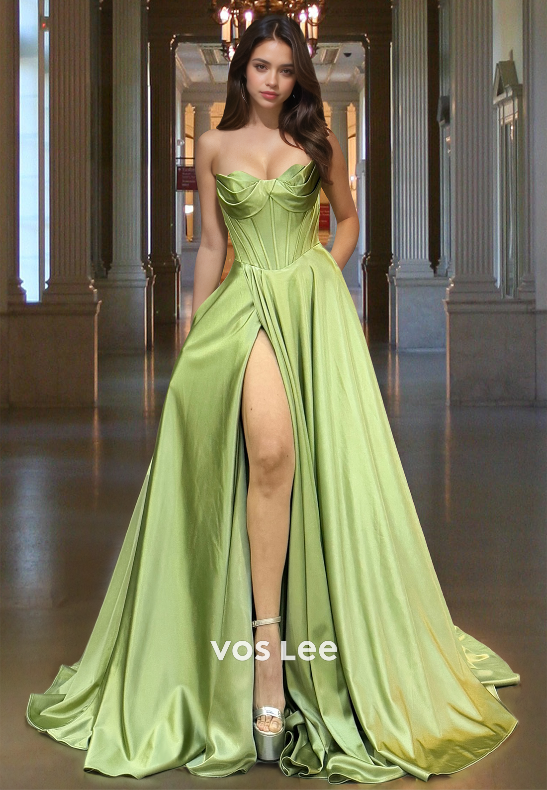 pleated satin prom dress Mermaid V Neck Satin Prom Dress with Slit Pleated Bodice Spaghetti Straps S8237P - Prom Dresses