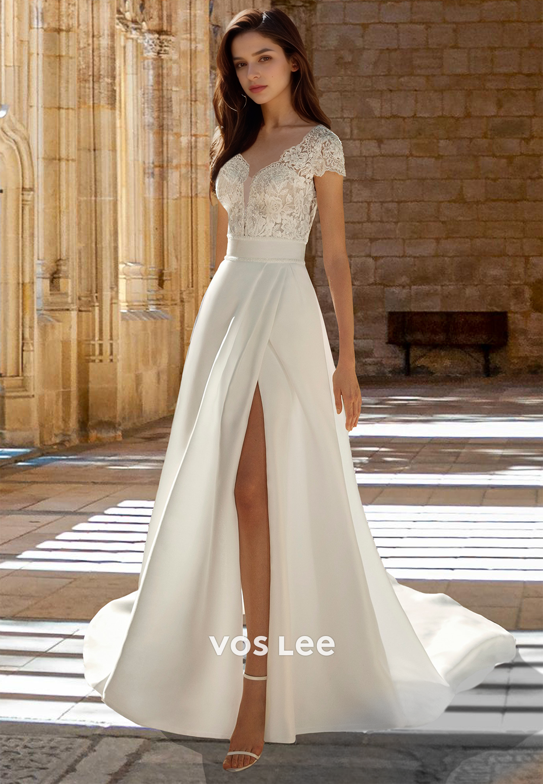 Classy A-Line V Neck Short Sleeves Backless Side Split Satin Wedding G VOS LEE Classy A-Line V Neck Short Sleeves Backless Side Split Satin Wedding G VOS LEE