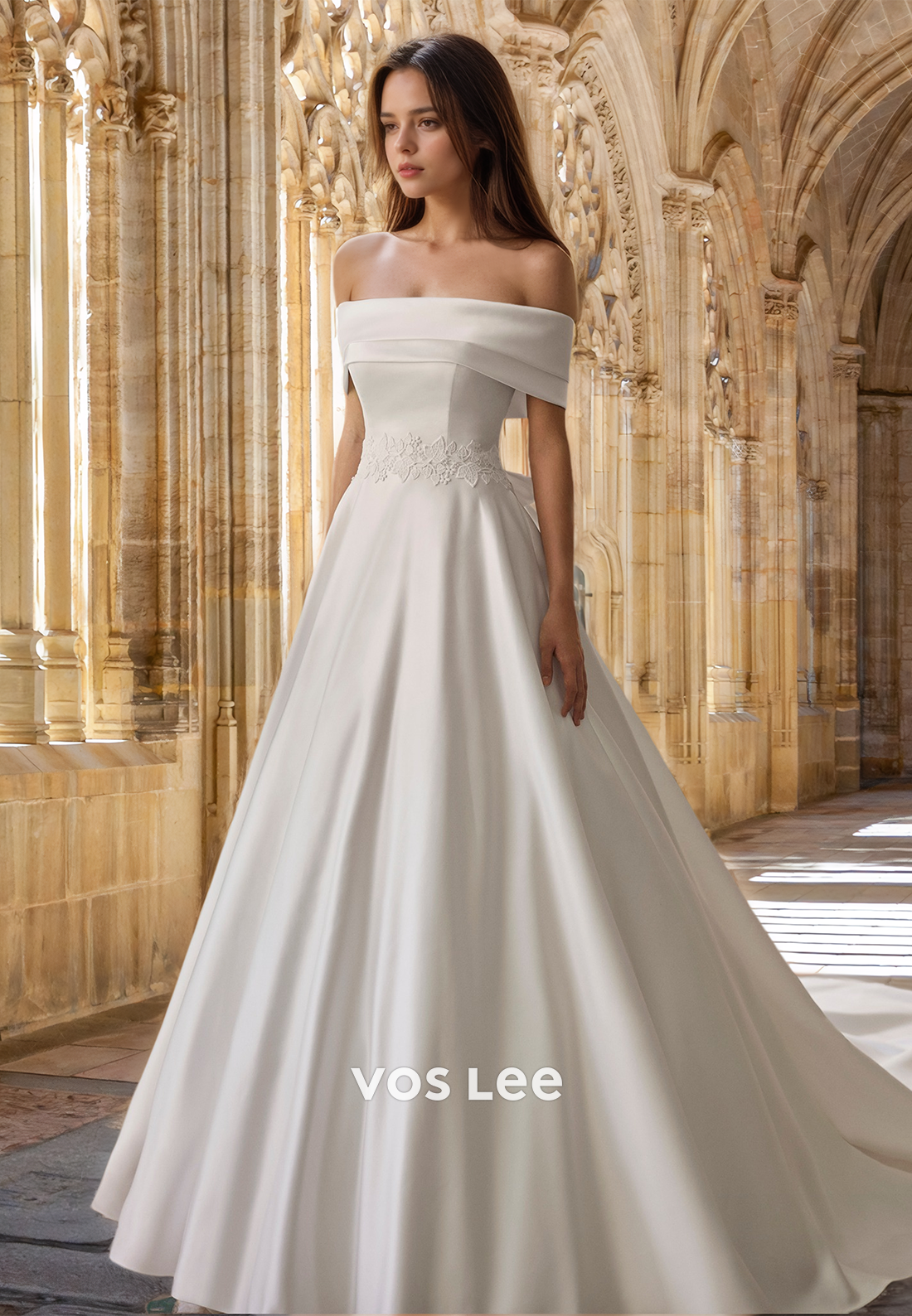 Classy A-Line Off Shoulder Sleeveless Court Train Bow Satin Wedding Go VOS LEE Classy A-Line Off Shoulder Sleeveless Court Train Bow Satin Wedding Go VOS LEE