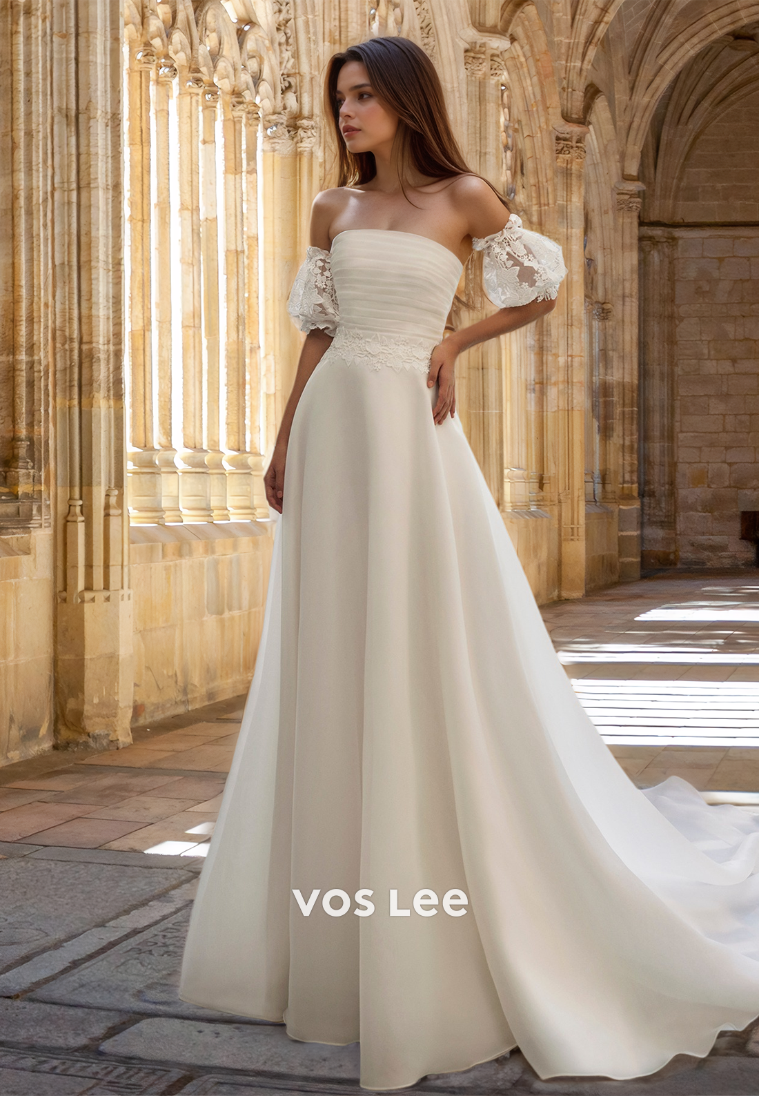 Modest A-Line Strapless Puff Sleeves Back Zipper Pleated Lace Wedding VOS LEE Modest A-Line Strapless Puff Sleeves Back Zipper Pleated Lace Wedding VOS LEE